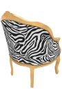 Bergere armchair Louis XV style black velvet and zebra fabric gold wood