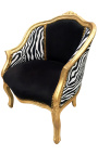 Bergere lænestol Louis XV stil sort fløjl og zebra stof guld træ