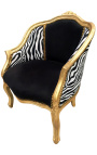 Bergere armchair Louis XV style black velvet and zebra fabric gold wood