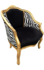 Bergere armchair Louis XV style black velvet and zebra fabric gold wood