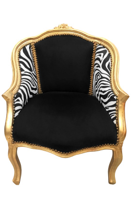 Bergere krēsls Ludvika XV stila melnajā velmēts un zebras audums zelta koksne