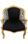 Fotel Bergere w stylu Ludwika XV czarny aksamit i tkanina zebry złote drewno