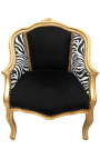 Bergere lænestol Louis XV stil sort fløjl og zebra stof guld træ