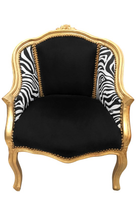 Bergere fotoliu Louis XV stil negru catifea si zebra din lemn de aur - 1