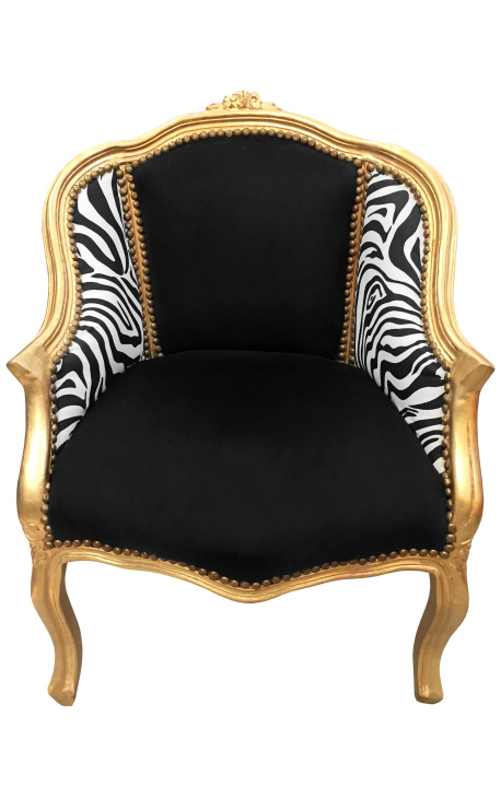 Bergere fauteuil Lodewijk XV-stijl zwart fluweel en zebra stof goud hout