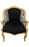 Bergere armchair Louis XV style black velvet and zebra fabric gold wood - 17