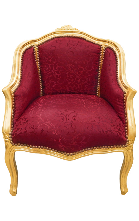 Bergere armchair Louis XV style red satine fabric and gold wood