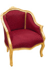Bergere armchair Louis XV style red satine fabric and gold wood
