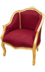 Sillón de Bergere tela de satine rojo de estilo Louis XV y madera de oro