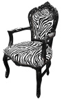 Fotel w stylu barokowym rokoko z tkaniny zebry i drewna lakierowanego na czarno 