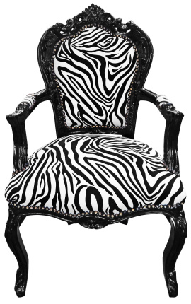 Fotoliu stil baroc rococo țesătură imprimată zebră și lemn negru lucios