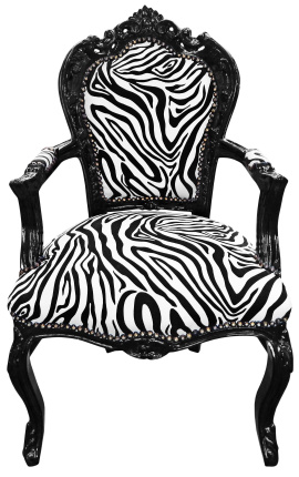 Fåtölj Barock Rococo Style Zebra Tryckt tyg och glansigt svart trä - 1