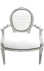 Barocker Sessel im Louis XVI-Stil aus weißem Kunstleder und silbernem Holz