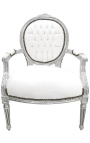 Baroque armchair Louis XVI style white leatherette and silver wood