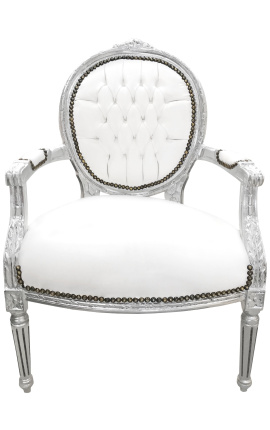 Fauteuil baroque de style Louis XVI simili cuir blanc et bois argent