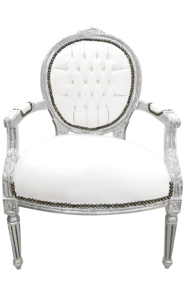 Бароков фотьойл в стил Луи XVI, бяла изкуствена кожа и сребристо дърво