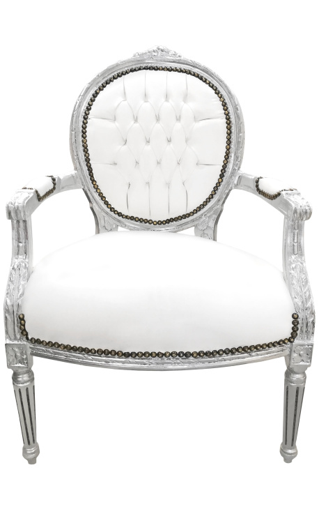 Barocksessel Louis XVI Weiße Kunstleder und Silberholz - 1