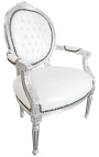 Baroque armchair Louis XVI style white leatherette and silver wood