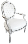 Sillón barroco Luís XVI estilo piel blanca y madera de plata