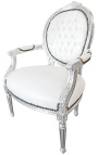 Baroque armchair Louis XVI style white leatherette and silver wood