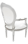 Baroque armchair Louis XVI style white leatherette and silver wood