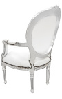 Baroque armchair Louis XVI style white leatherette and silver wood