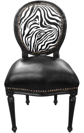 Sedia in stile Luigi XVI ecopelle nera, schienale zebrato e legno nero