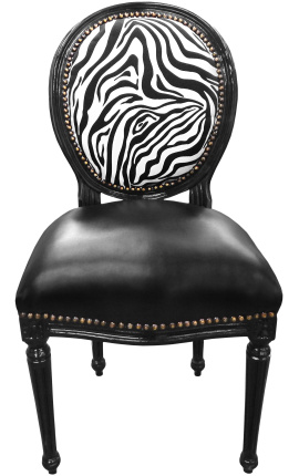 Louis XVI sedile di stile zebra e pelle falsa nera con legno laccato nero
