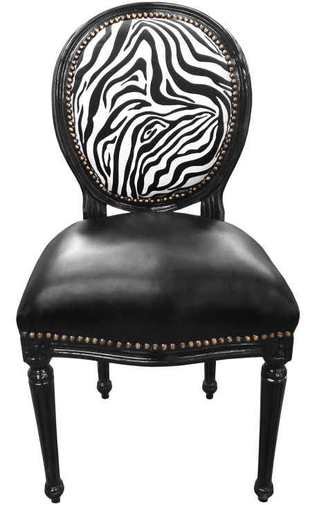 Chaise de style Louis XVI simili cuir noir, dossier zèbre et bois noir