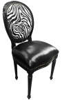Cadeira estilo Louis XVI couro sintético preto, encosto zebra e madeira preta