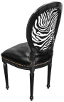 Chaise de style Louis XVI simili cuir noir, dossier zèbre et bois noir