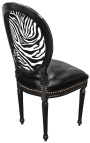 Chaise de style Louis XVI simili cuir noir, dossier zèbre et bois noir