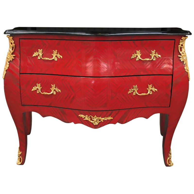 Louis Xv Style Baroque Dresser With Red Wood Veneer And Gold Patina