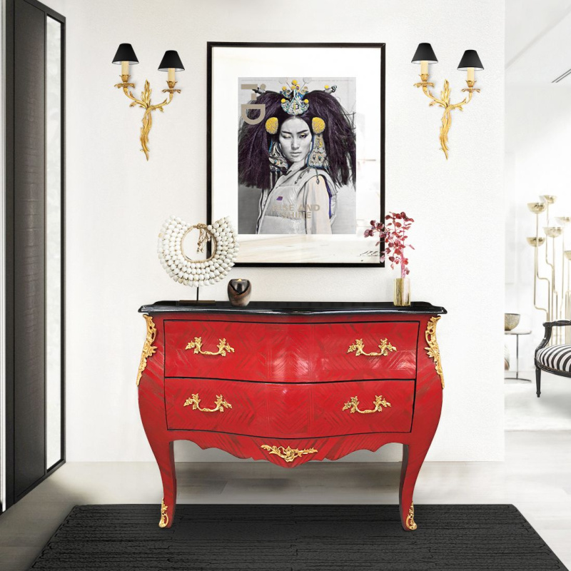 Louis Xv Style Baroque Dresser With Red Wood Veneer And Gold Patina