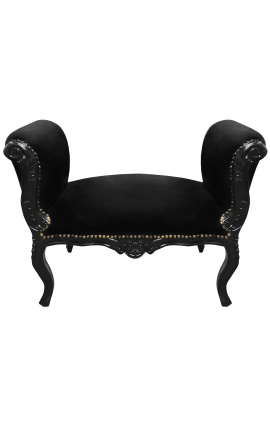 Baročna klop Louis XV slog črni žamet in lakiran črni les