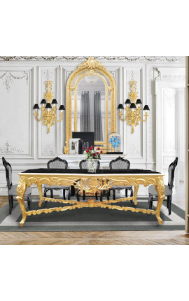 Très grande table de repas baroque en bois doré à la feuille et marbre noir
