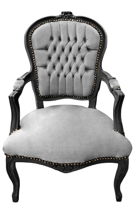 Fauteuil baroque de style Louis XV tissu gris et bois noir mat