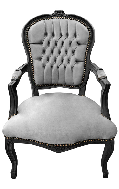 Fauteuil baroque de style Louis XV tissu gris et bois noir mat