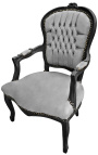 Fauteuil baroque de style Louis XV tissu gris et bois noir mat