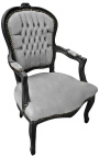 Fauteuil baroque de style Louis XV tissu gris et bois noir mat