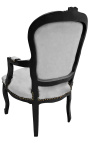 Fauteuil baroque de style Louis XV tissu gris et bois noir mat