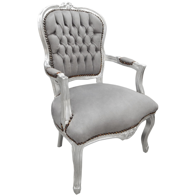 LOUIS XV ARM CHAIR FRENCH STYLE CHAIR VINTAGE GREY AND WHITE SILVER WOOD 