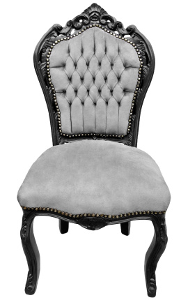 Sedia in stile barocco rococò tessuto in velluto grigio e legno nero opaco