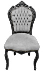 Chaise de style Baroque Rococo tissu velours gris et bois noir mat