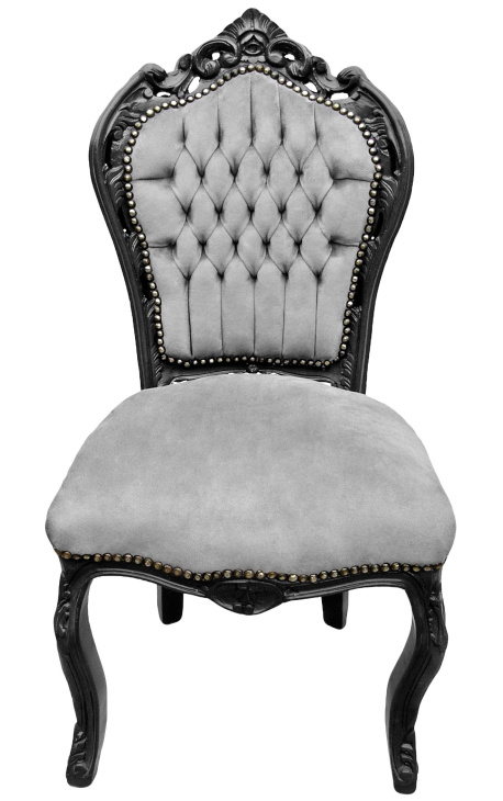 Chaise de style Baroque Rococo tissu velours gris et bois noir mat