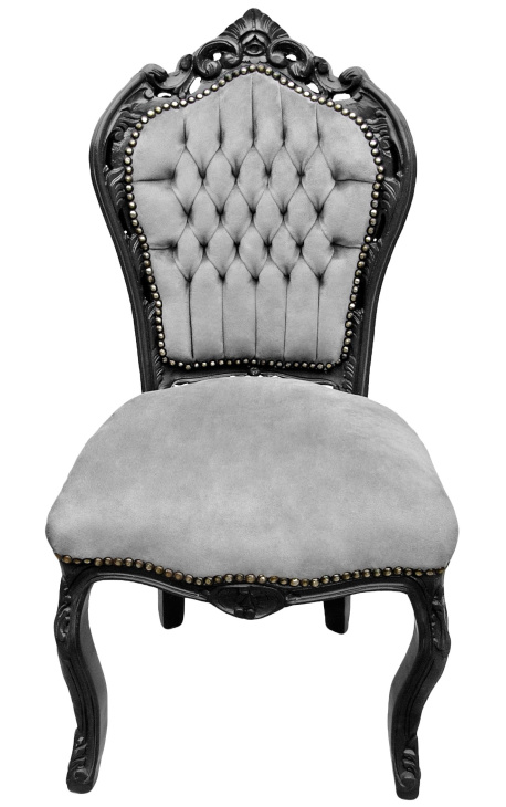 Sedia in stile barocco rococò tessuto in velluto grigio e legno nero opaco