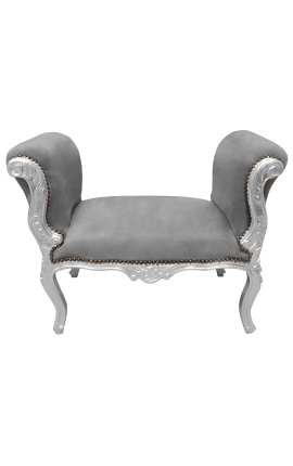 Barok Louis XV Bench grå fløjlstof og sølv træ