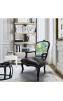 [Limited Edition] Μπαρόκ καρέκλα Louis XV εκτυπωμένο φύλλο & δέρμα, μαύρο ξύλο