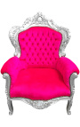 Großer Sessel im Barockstil, fuchsiafarbener Samt und silbernes Holz