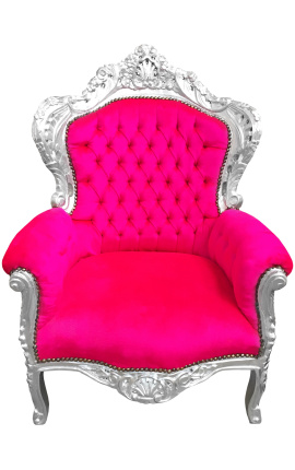 Duży fotel w stylu barokowym fuksja różowy aksamit i srebrne drewno